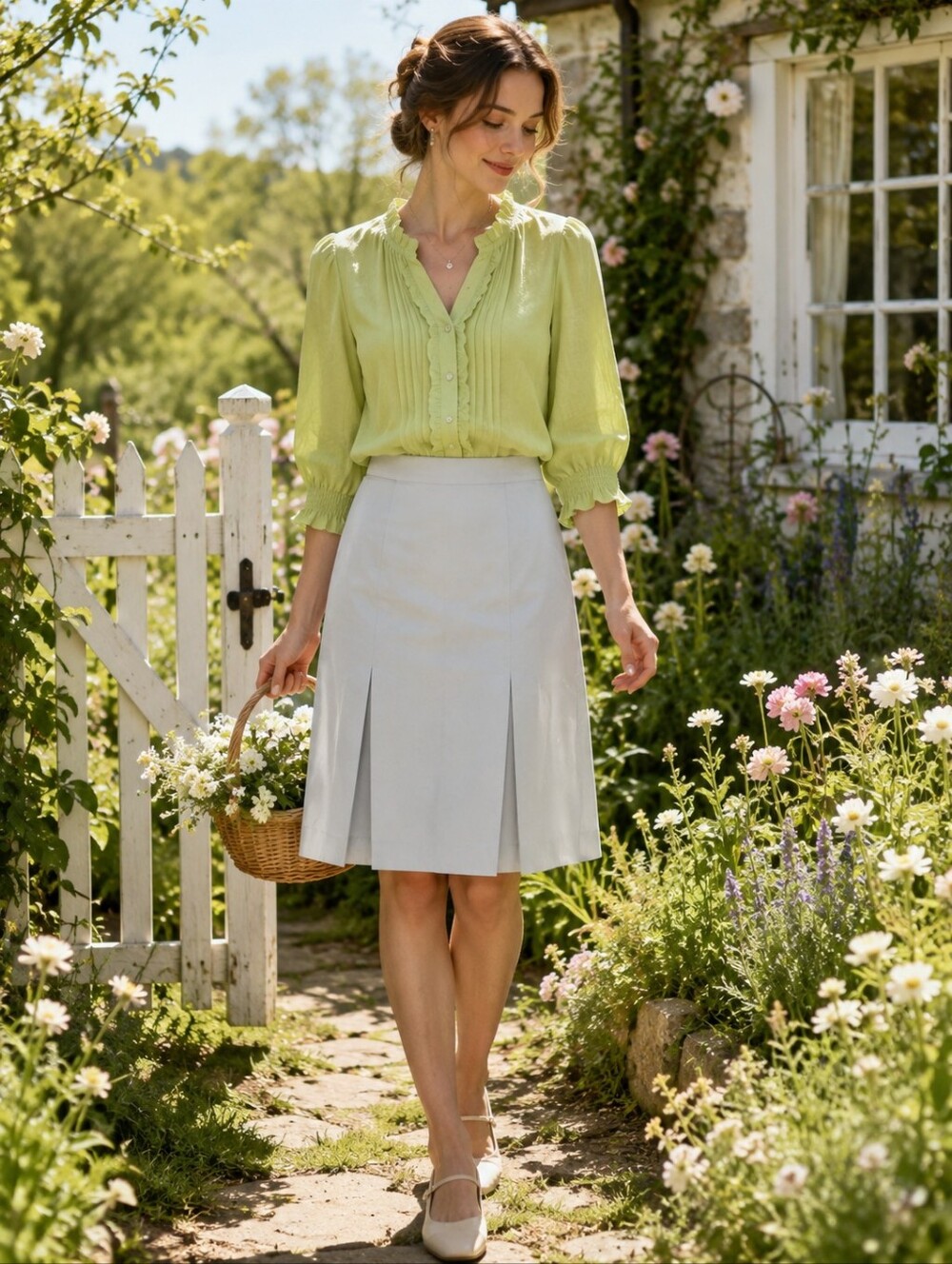 Tocca Light Lime Inverted Pleated Cotton Skirt - Classic Office Style -Size: 2